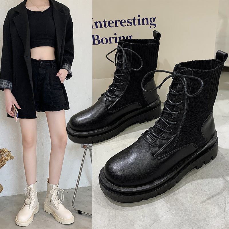 Women's Solid Color Low-Top Autumn Front Lace-up Round-Toe Thick-Heeled High-Top Black Martin Boots LadyShow.Store