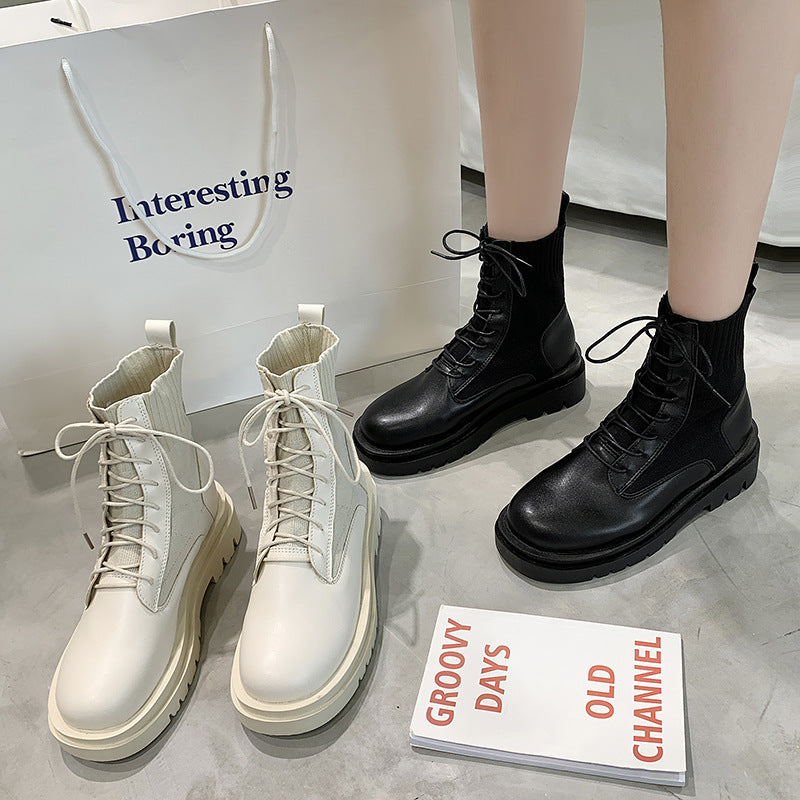 Women's Solid Color Low-Top Autumn Front Lace-up Round-Toe Thick-Heeled High-Top Black Martin Boots LadyShow.Store