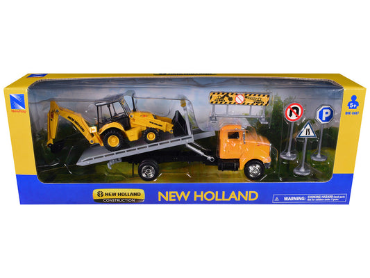 Peterbilt 335 Roll-Off Flatbed Truck and New Holland B110C Backhoe Loader with Street Signs "New Holland Construction" Diecast Models by New Ray LuxuryLifeWay Online Store