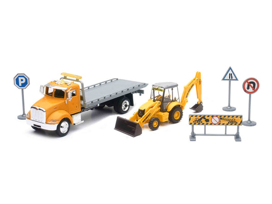 Peterbilt 335 Roll-Off Flatbed Truck and New Holland B110C Backhoe Loader with Street Signs "New Holland Construction" Diecast Models by New Ray
