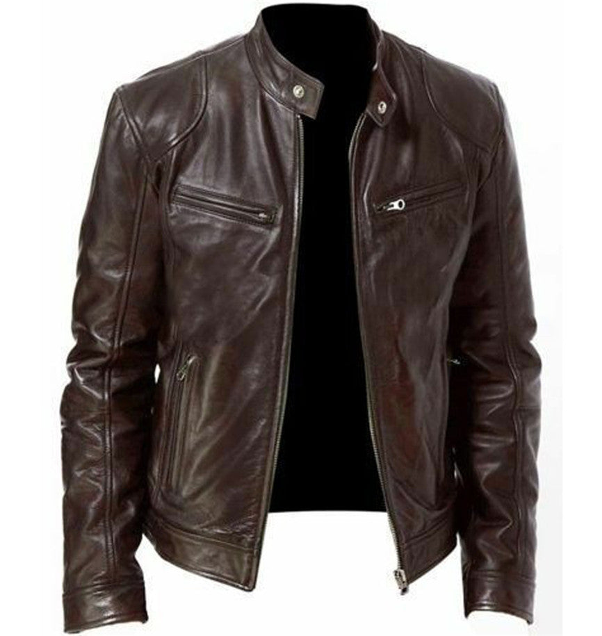 Gentleman's Warm Zipper Cardigan Pocket Decorated Pu Leather Coat LadyShow.Store