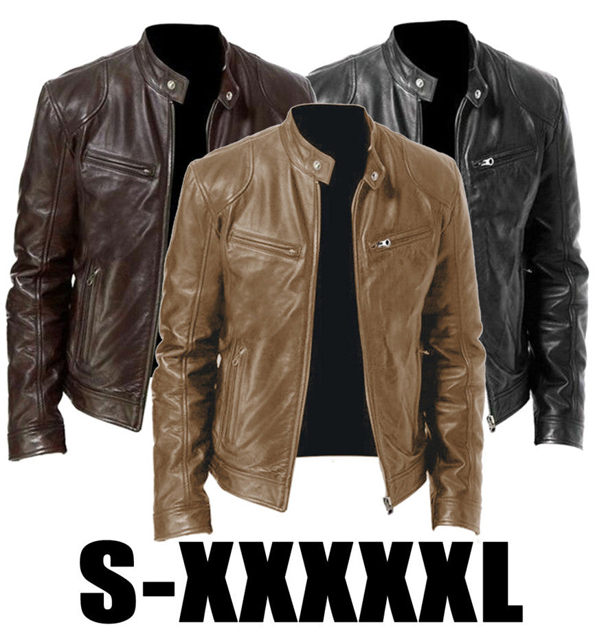 Gentleman's Warm Zipper Cardigan Pocket Decorated Pu Leather Coat LadyShow.Store