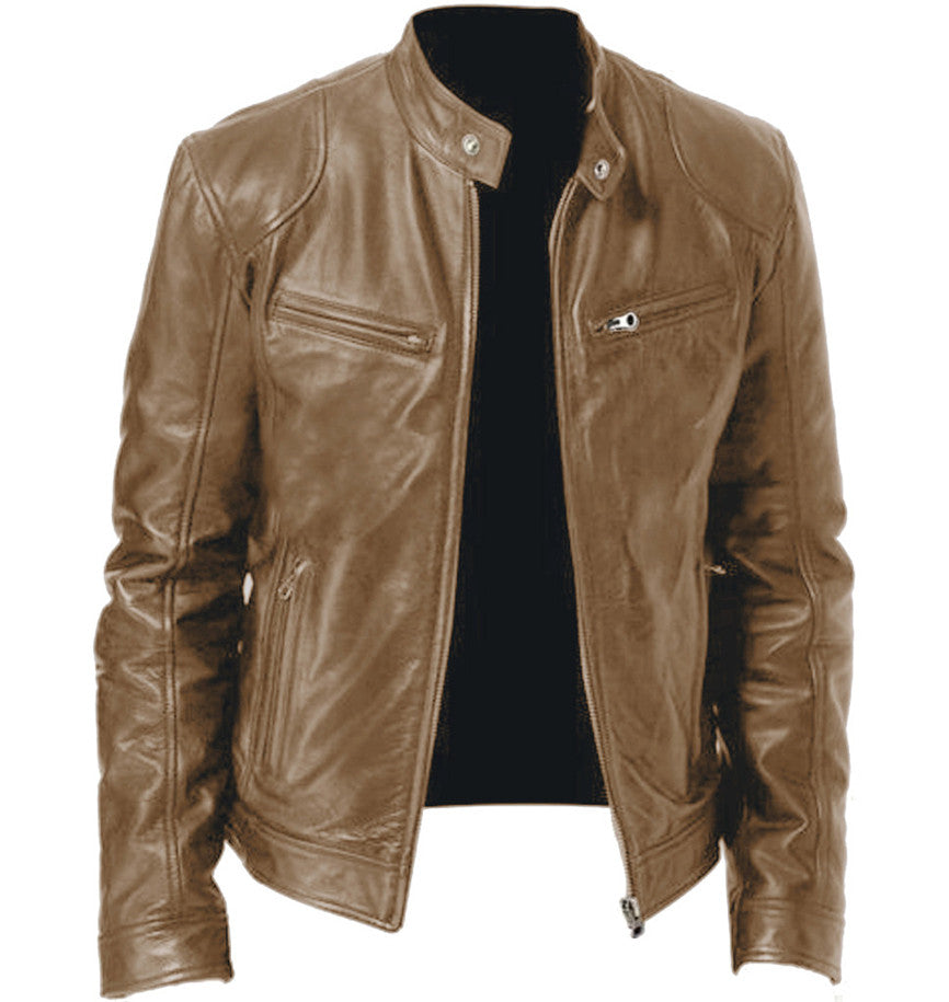 Gentleman's Warm Zipper Cardigan Pocket Decorated Pu Leather Coat LadyShow.Store