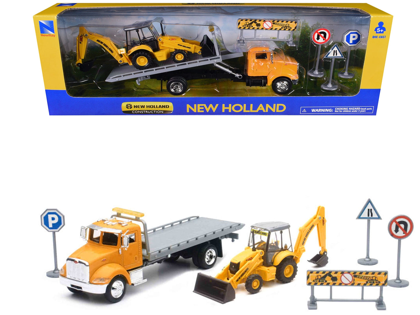 Peterbilt 335 Roll-Off Flatbed Truck and New Holland B110C Backhoe Loader with Street Signs "New Holland Construction" Diecast Models by New Ray
