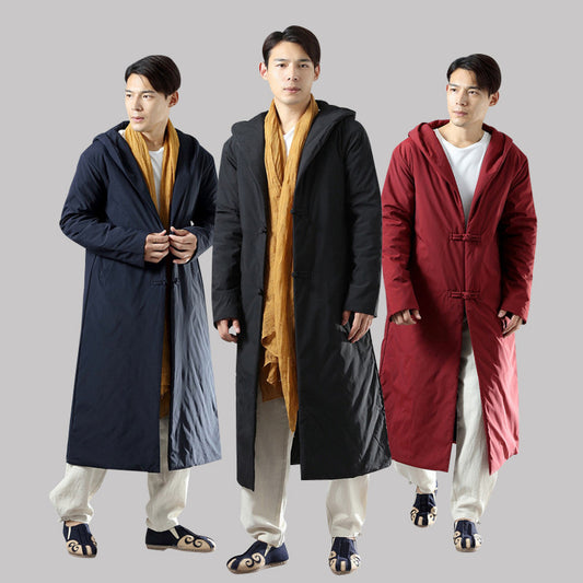 Men's winter buckle hooded mid-length cotton jacket CJD