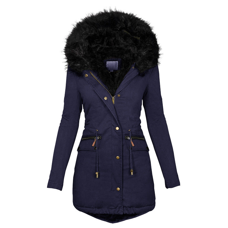 Women's Plush Hooded Parkas Winter Warm Thick  Zip-up Jackets Casual Mid-length Solid Buckle Pockets Coat Outerwear Clothing CJD