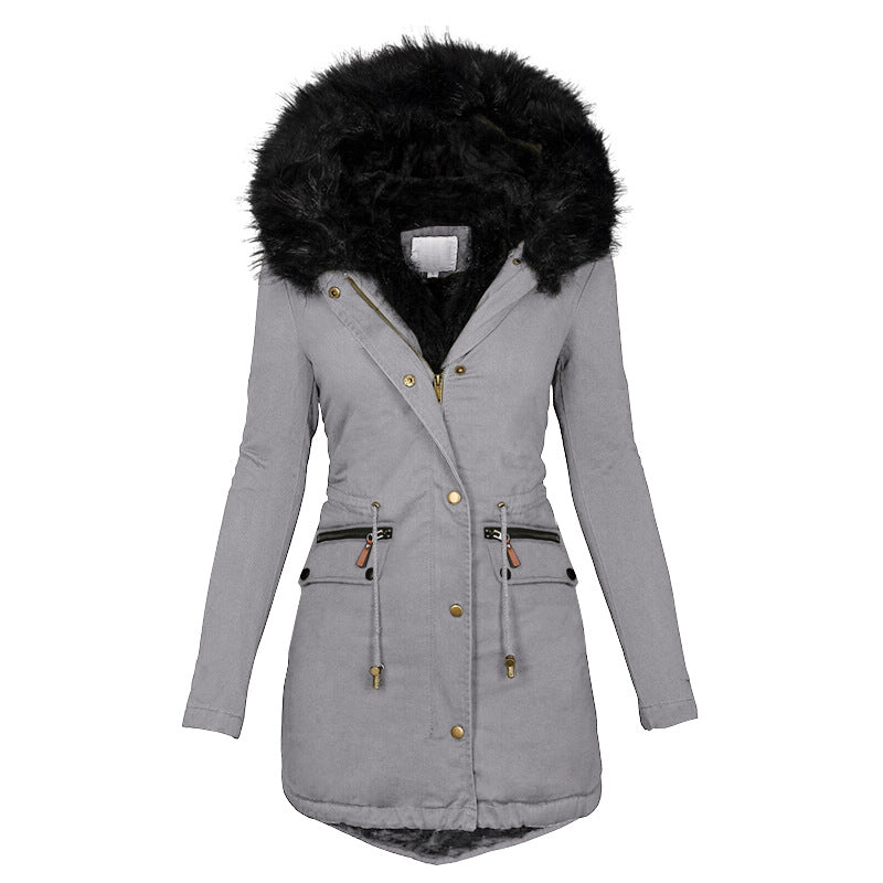 Women's Plush Hooded Parkas Winter Warm Thick  Zip-up Jackets Casual Mid-length Solid Buckle Pockets Coat Outerwear Clothing CJD