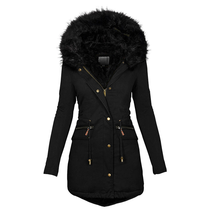 Women's Plush Hooded Parkas Winter Warm Thick  Zip-up Jackets Casual Mid-length Solid Buckle Pockets Coat Outerwear Clothing CJD