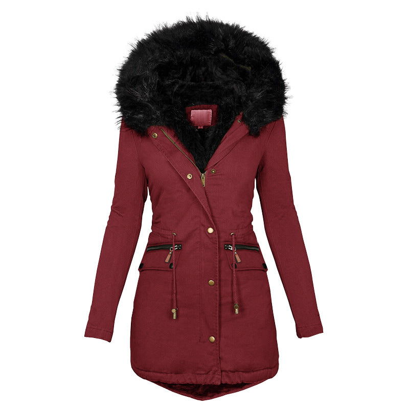 Women's Plush Hooded Parkas Winter Warm Thick  Zip-up Jackets Casual Mid-length Solid Buckle Pockets Coat Outerwear Clothing CJD