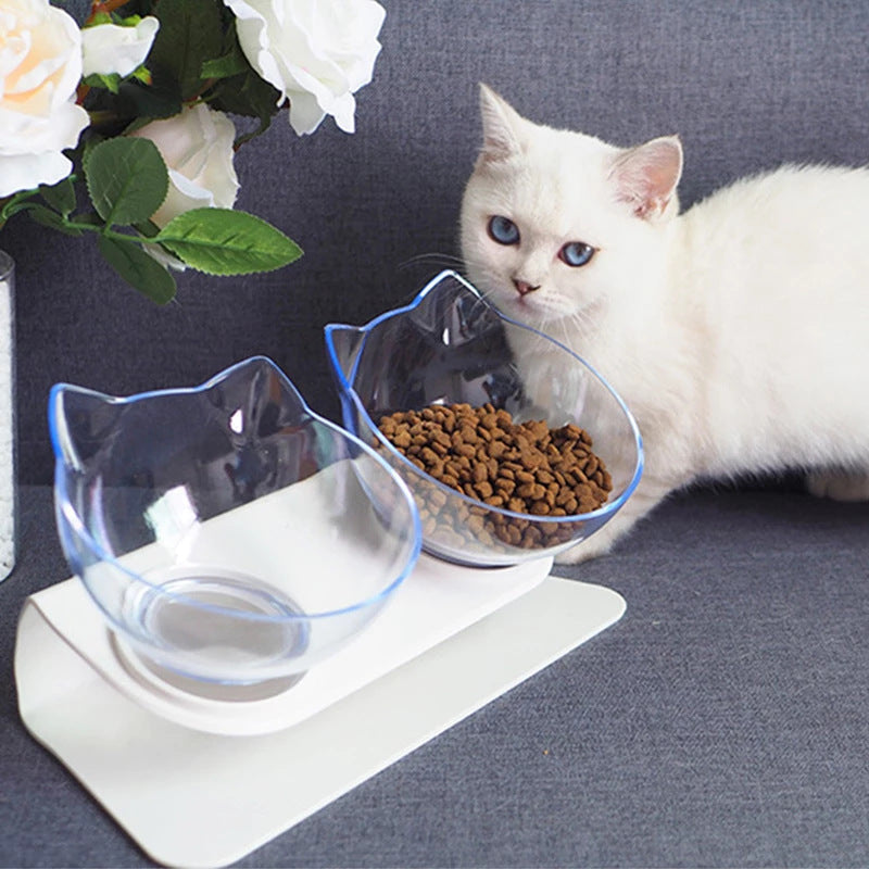 Cat Bowl Double Bowl Oblique Mouth Transparent Double Bowl Neck Non-Ceramic Pet Bowl Pets Fashion