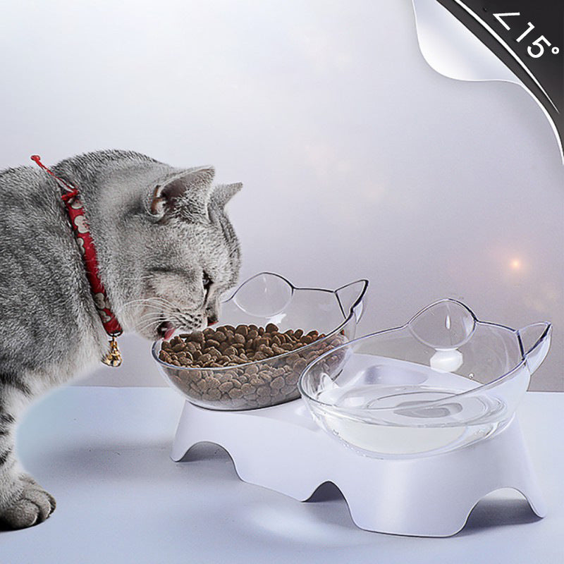 Cat Bowl Double Bowl Oblique Mouth Transparent Double Bowl Neck Non-Ceramic Pet Bowl Pets Fashion