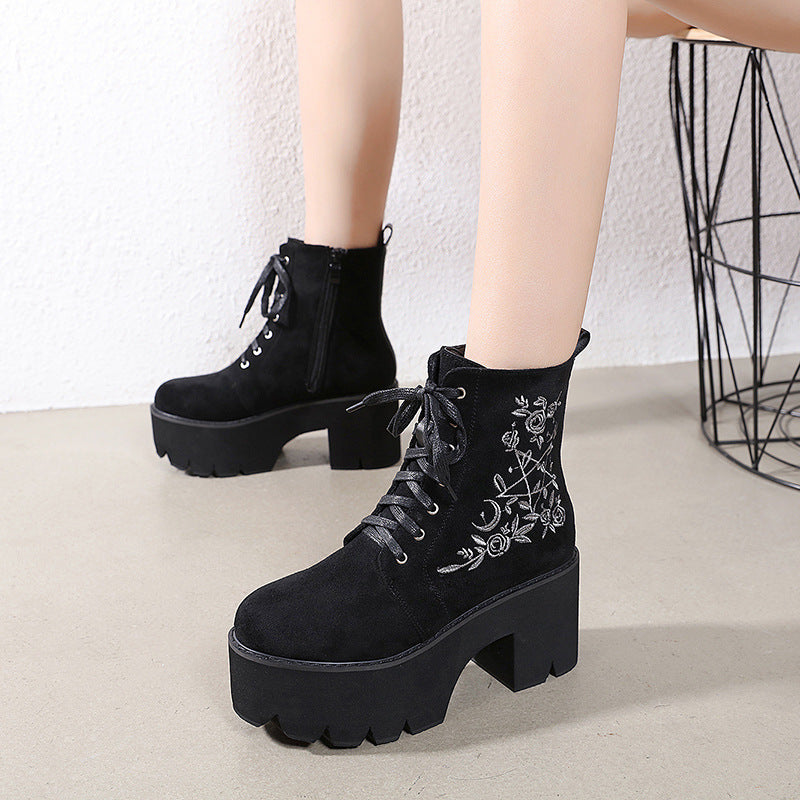 Winter European And American Embroidered Thick-Heel Martin Women'S Boots Waterproof Platform Round Toe Platform Lace-Up High-Heeled Ankle Boots LadyShow.Store