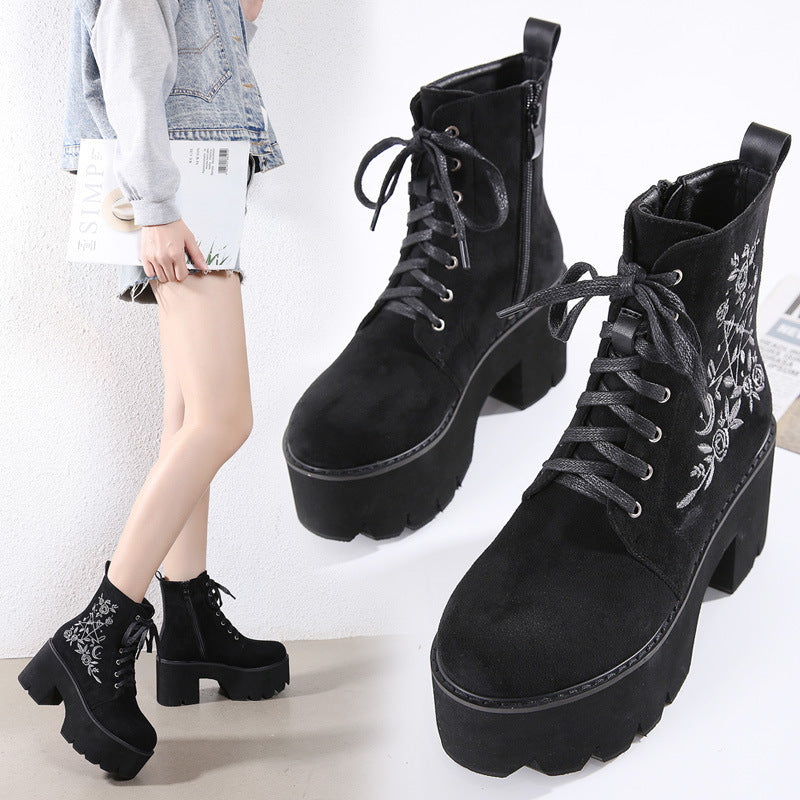 Winter European And American Embroidered Thick-Heel Martin Women'S Boots Waterproof Platform Round Toe Platform Lace-Up High-Heeled Ankle Boots LadyShow.Store