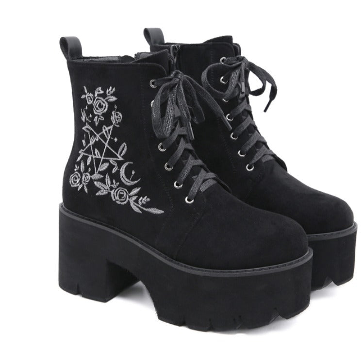 Winter European And American Embroidered Thick-Heel Martin Women'S Boots Waterproof Platform Round Toe Platform Lace-Up High-Heeled Ankle Boots LadyShow.Store