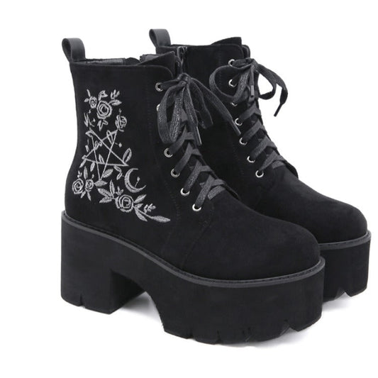 Winter European And American Embroidered Thick-Heel Martin Women'S Boots Waterproof Platform Round Toe Platform Lace-Up High-Heeled Ankle Boots LadyShow.Store