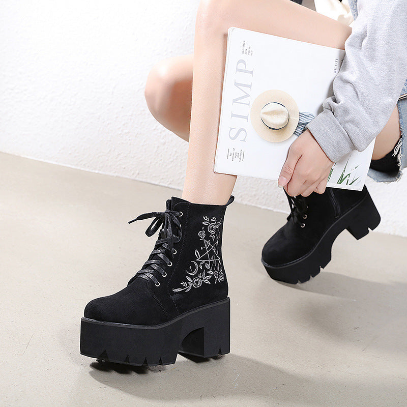 Winter European And American Embroidered Thick-Heel Martin Women'S Boots Waterproof Platform Round Toe Platform Lace-Up High-Heeled Ankle Boots LadyShow.Store