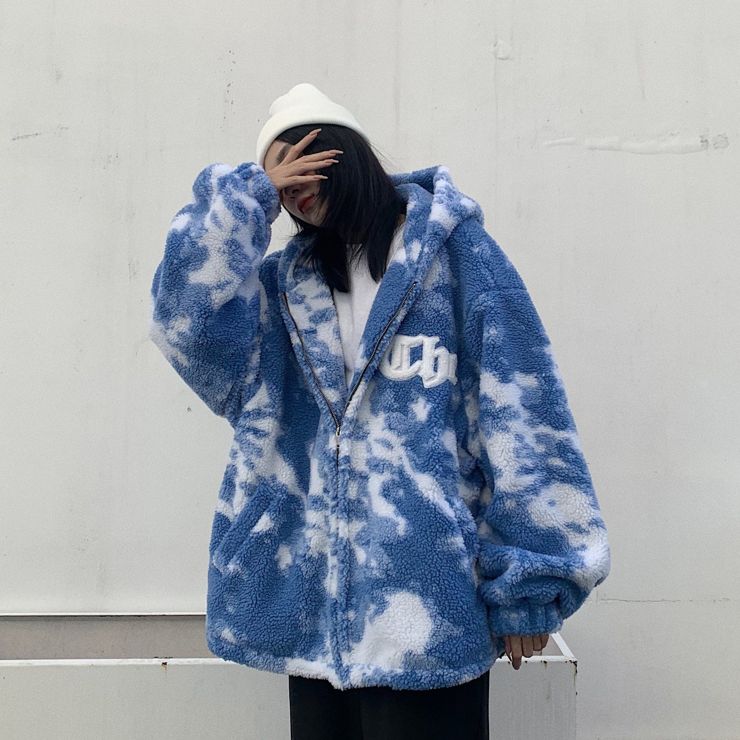 Dark Night Night Autumn And Winter Blue Sky High Street Men Loose Hip-Hop Trend Lamb Plush Thick Hooded Couple Jacket Women Best YouTube Store