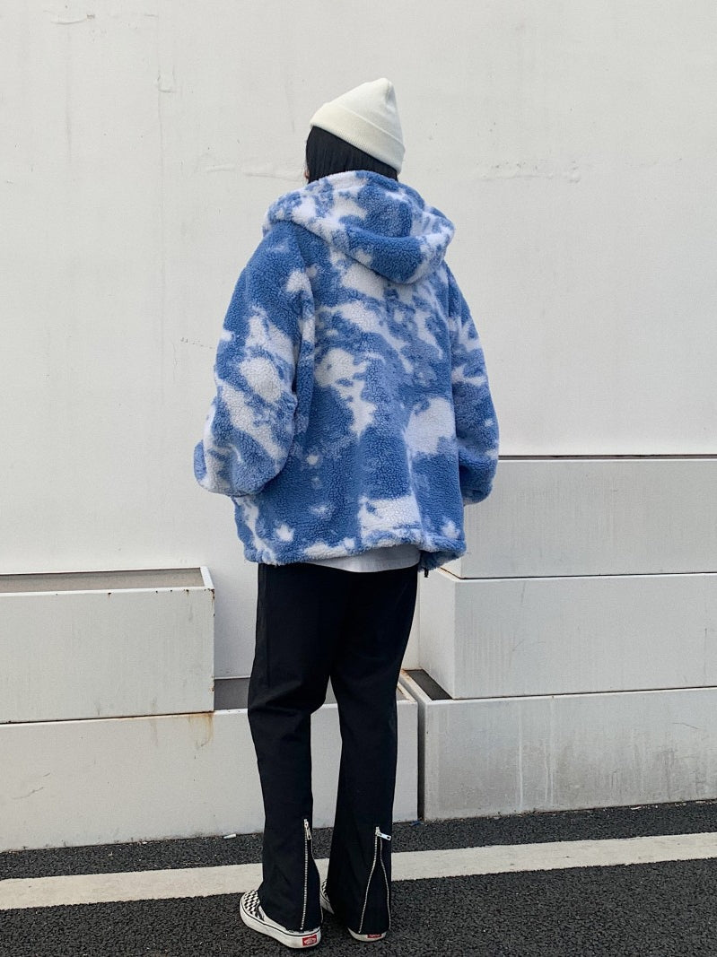 Dark Night Night Autumn And Winter Blue Sky High Street Men Loose Hip-Hop Trend Lamb Plush Thick Hooded Couple Jacket Women Best YouTube Store