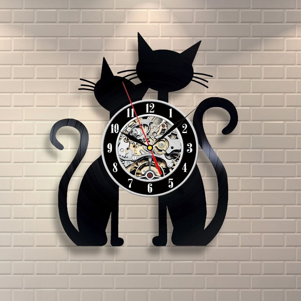 Fashion Creative Cat Vinyl Record Wall Clock Decoration Room Ultra Quiet Quartz Wall Clock PearlNestDecor.com