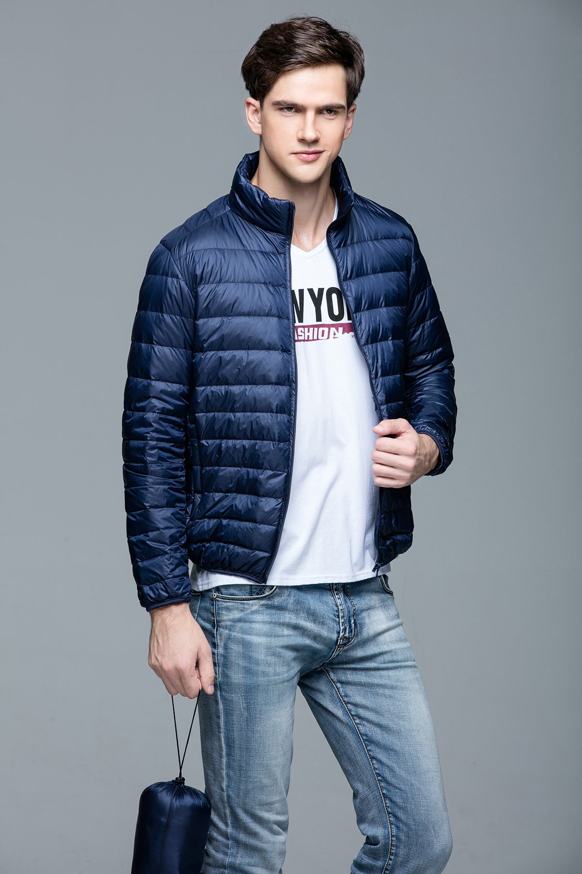 Men's Lightweight Down Jacket Stand Collar Short Slim Fit Warm Jacket