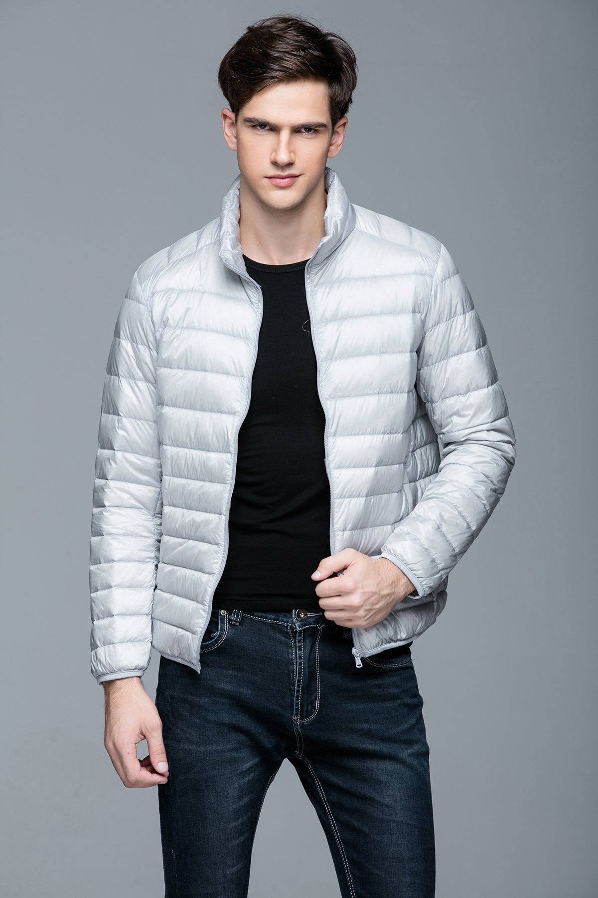 Men's Lightweight Down Jacket Stand Collar Short Slim Fit Warm Jacket