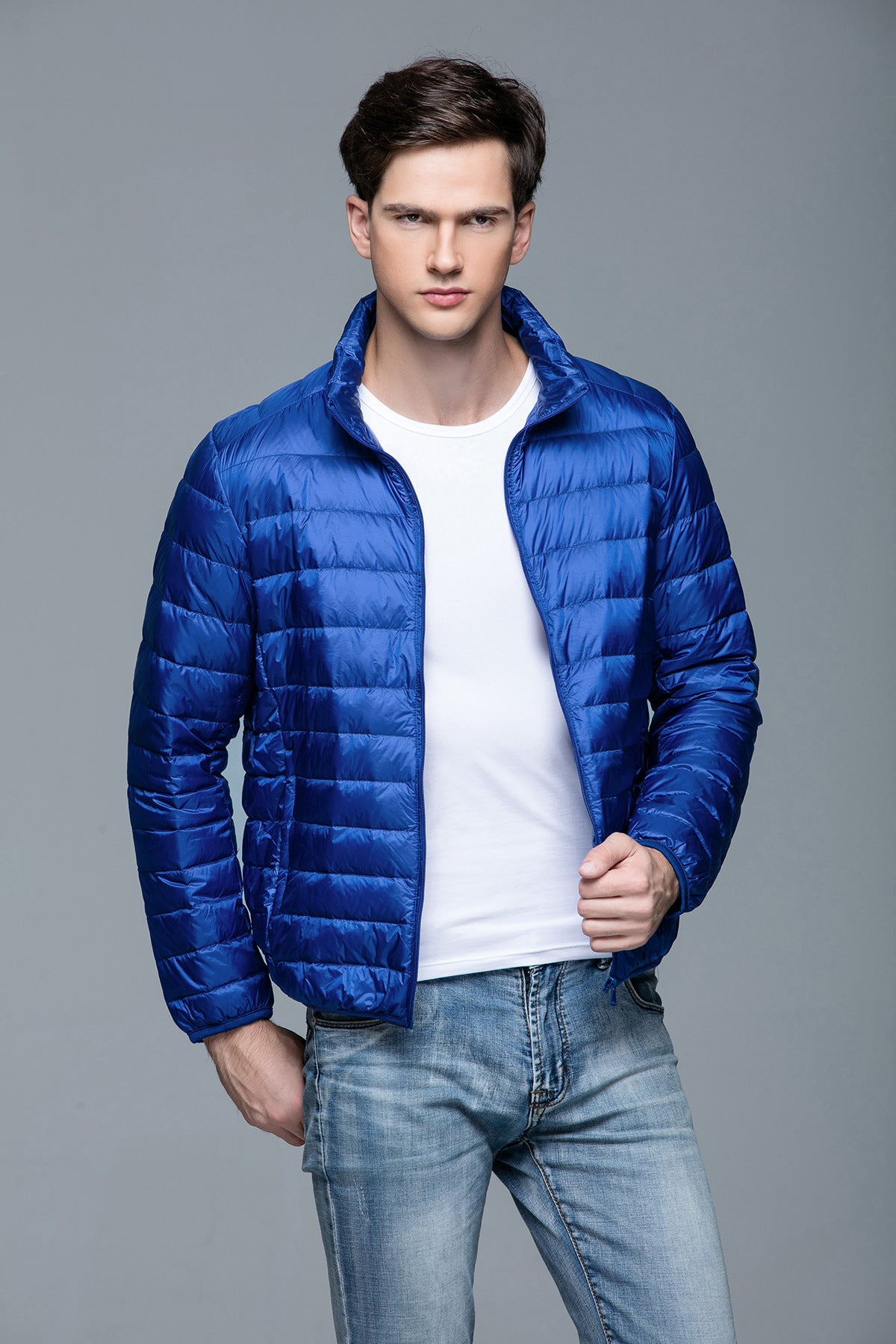 Men's Lightweight Down Jacket Stand Collar Short Slim Fit Warm Jacket