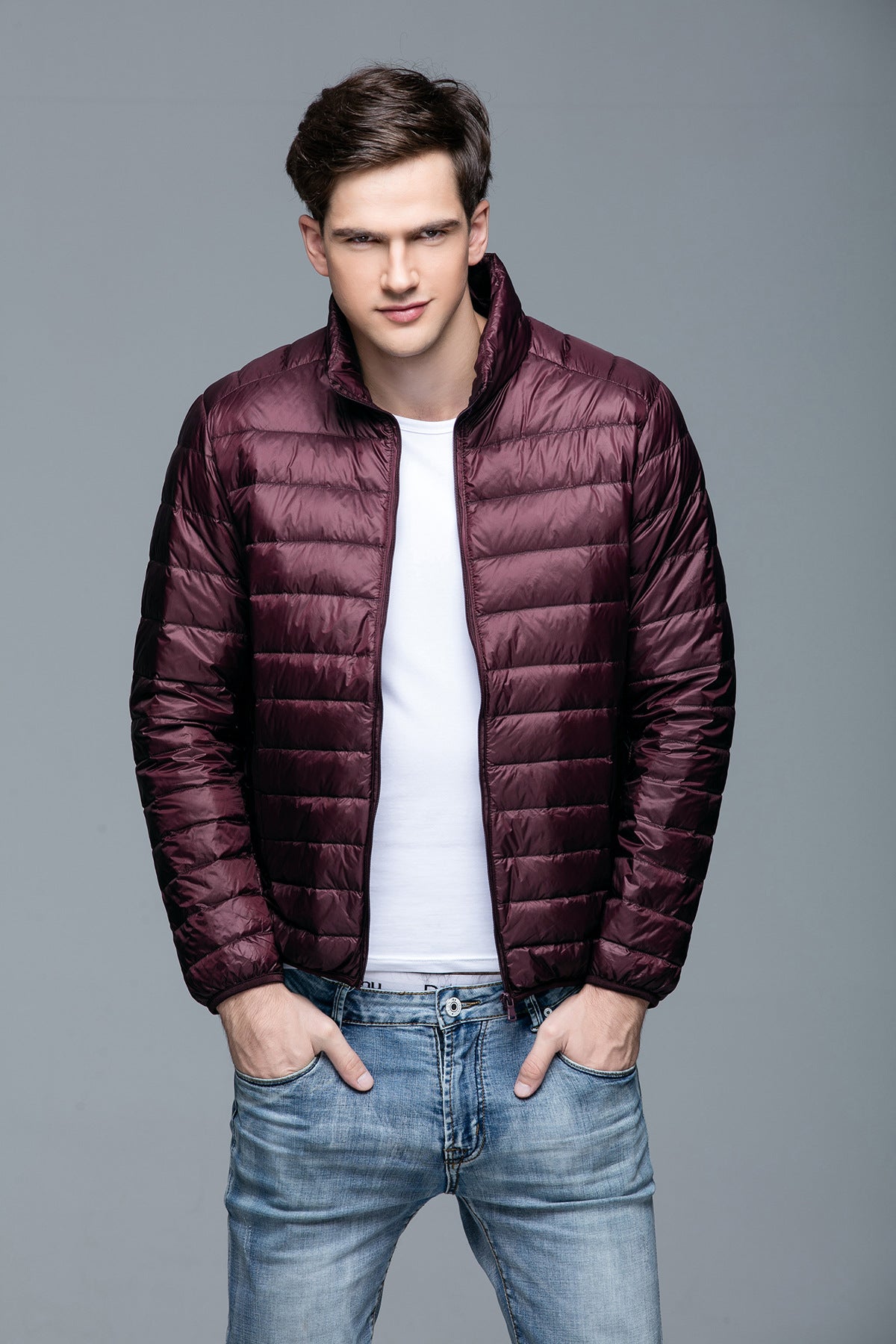 Men's Lightweight Down Jacket Stand Collar Short Slim Fit Warm Jacket