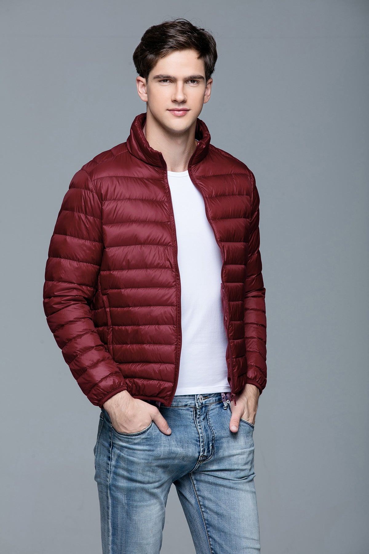 Men's Lightweight Down Jacket Stand Collar Short Slim Fit Warm Jacket