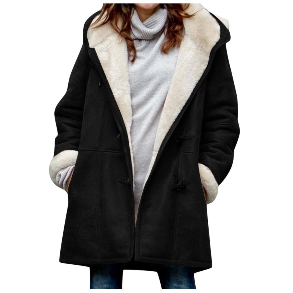 Winter Vintage Button Jackets Women's Warm Fleece Hooded Coat Casual Mid-Length Trench Top Outwear Clothing NorixaFashion.com