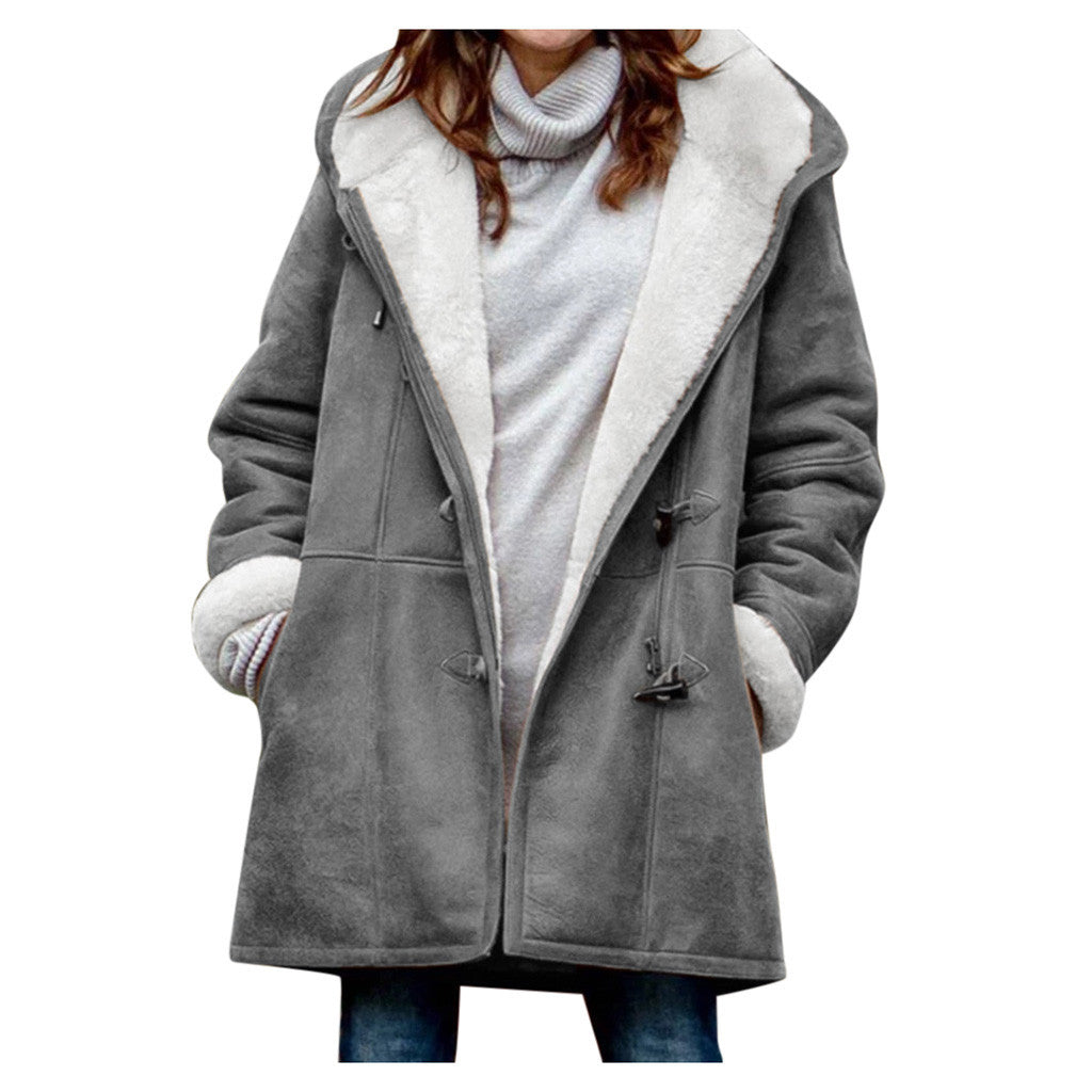 Winter Vintage Button Jackets Women's Warm Fleece Hooded Coat Casual Mid-Length Trench Top Outwear Clothing NorixaFashion.com
