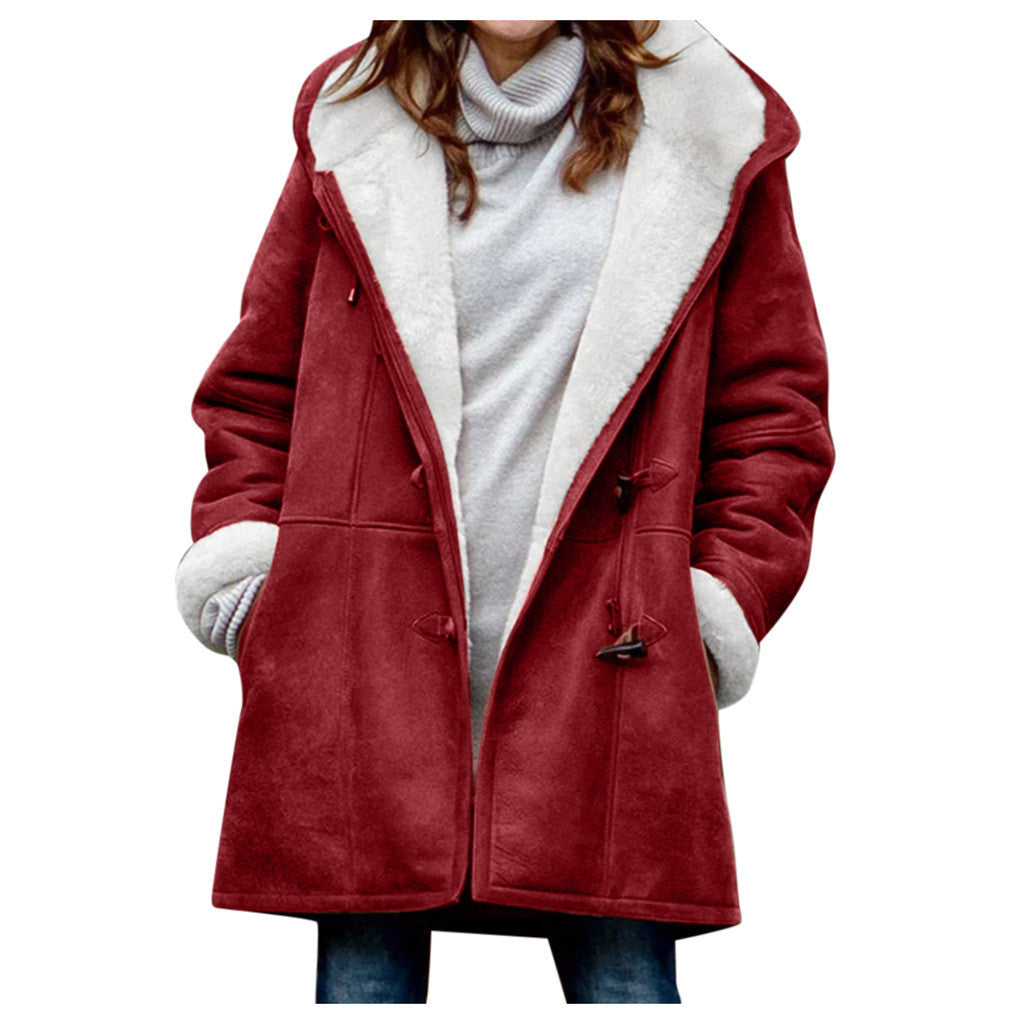 Winter Vintage Button Jackets Women's Warm Fleece Hooded Coat Casual Mid-Length Trench Top Outwear Clothing NorixaFashion.com