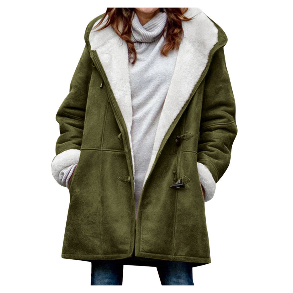Winter Vintage Button Jackets Women's Warm Fleece Hooded Coat Casual Mid-Length Trench Top Outwear Clothing NorixaFashion.com