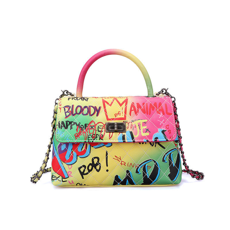 LadyShow Graffiti Print Handbag for Women - PU Leather Artistic Letter Print Shoulder Bag with Lock Closure (Medium-Soft, Hard Handle) LadyShow.Store