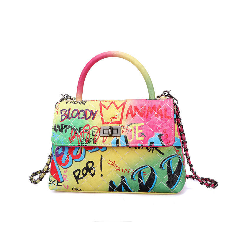 LadyShow Graffiti Print Handbag for Women - PU Leather Artistic Letter Print Shoulder Bag with Lock Closure (Medium-Soft, Hard Handle) LadyShow.Store