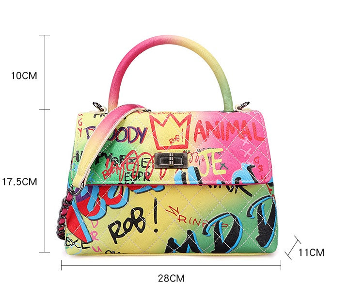 LadyShow Graffiti Print Handbag for Women - PU Leather Artistic Letter Print Shoulder Bag with Lock Closure (Medium-Soft, Hard Handle) LadyShow.Store
