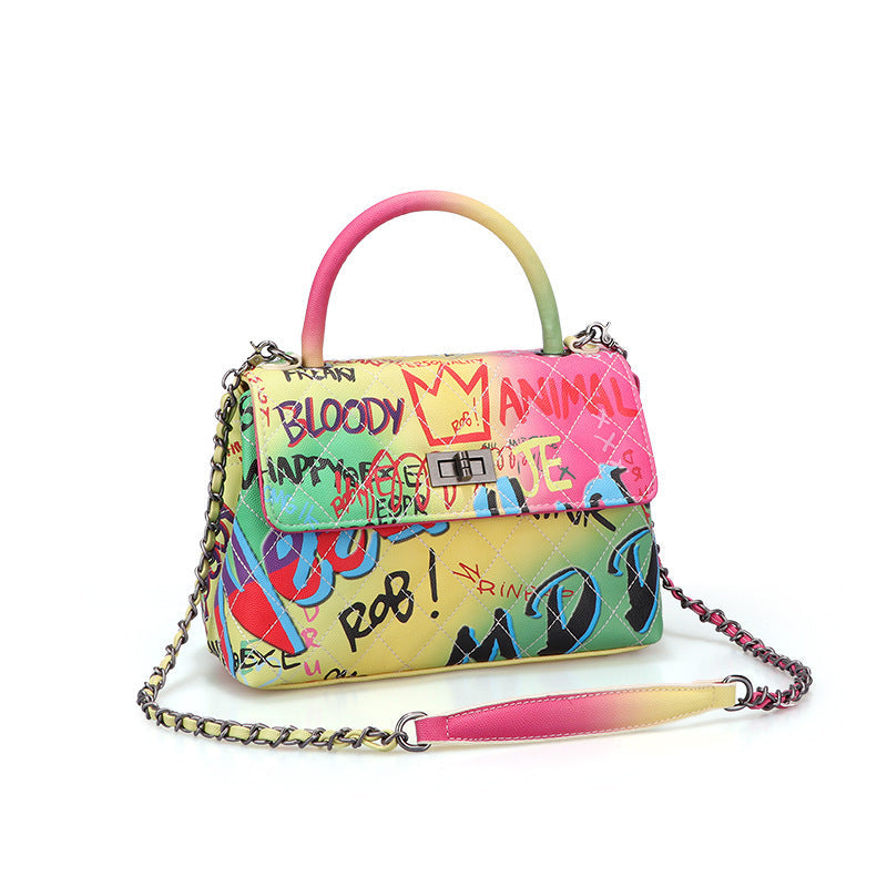LadyShow Graffiti Print Handbag for Women - PU Leather Artistic Letter Print Shoulder Bag with Lock Closure (Medium-Soft, Hard Handle) LadyShow.Store