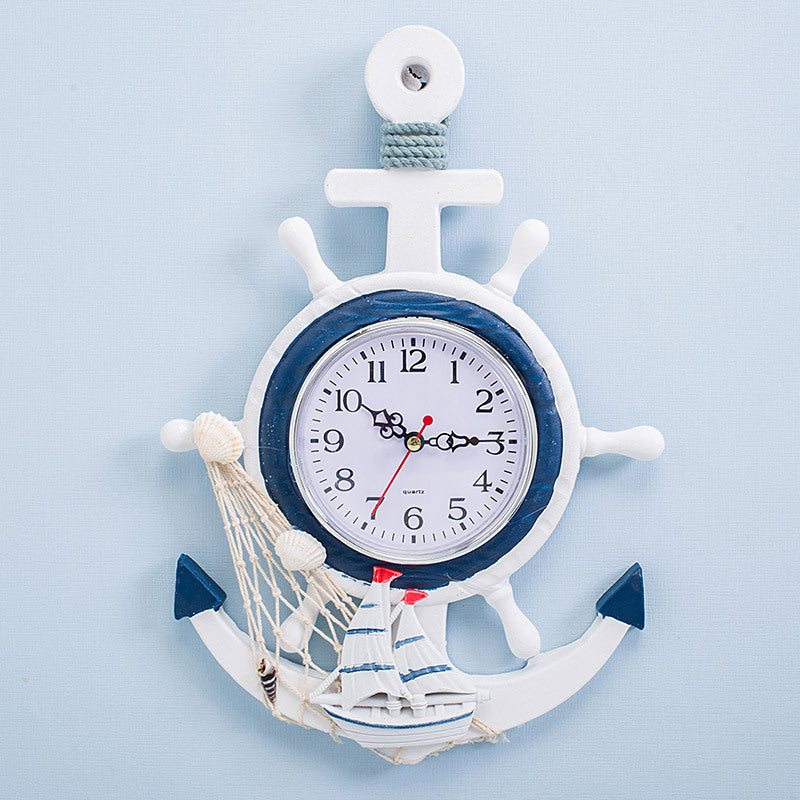 Mediterranean Style Blue And White Ship Rudder Helmsman Anchor Creative Personality Wall Clock PearlNestDecor.com
