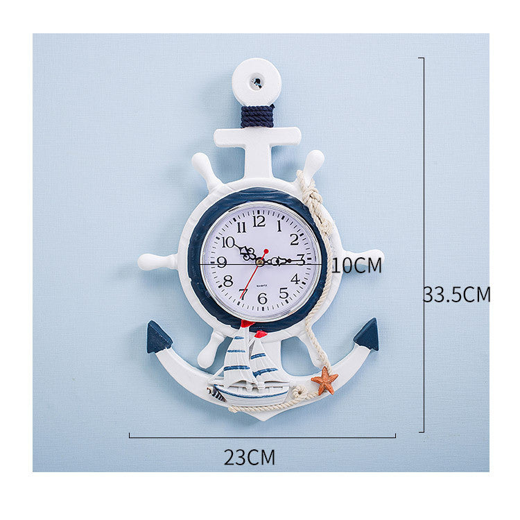 Mediterranean Style Blue And White Ship Rudder Helmsman Anchor Creative Personality Wall Clock PearlNestDecor.com
