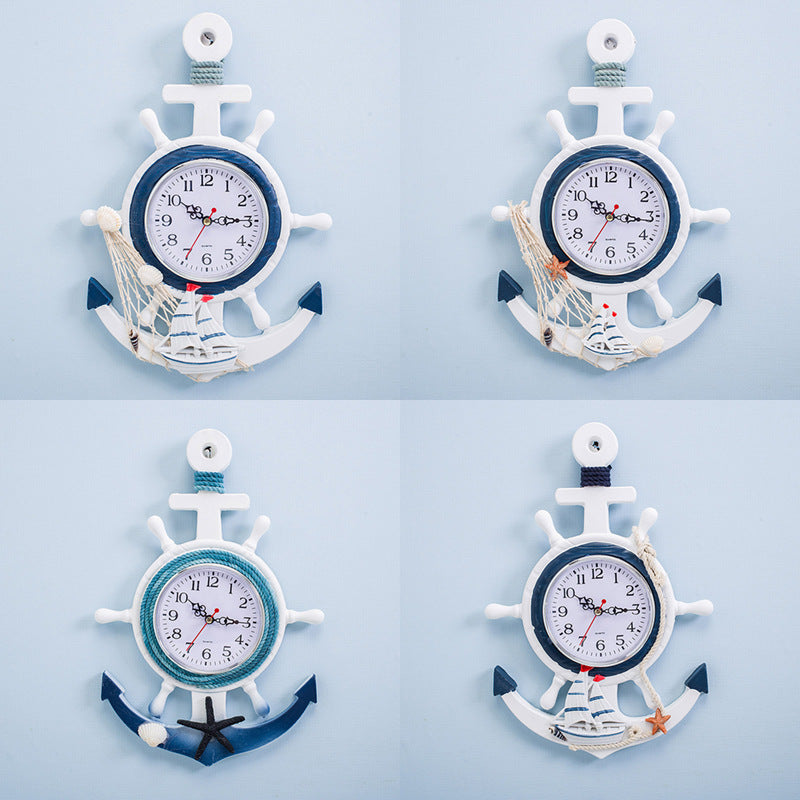 Mediterranean Style Blue And White Ship Rudder Helmsman Anchor Creative Personality Wall Clock PearlNestDecor.com