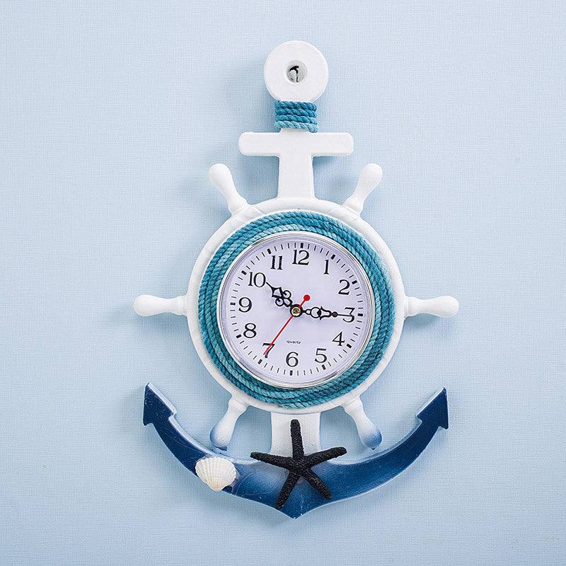 Mediterranean Style Blue And White Ship Rudder Helmsman Anchor Creative Personality Wall Clock PearlNestDecor.com