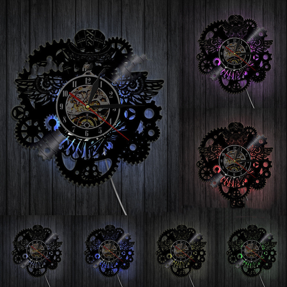 Vinyl Record Wall Clock LED Light Steampunk Owl Creative Retro Nostalgic Wall Clock Wall Clock PearlNestDecor.com