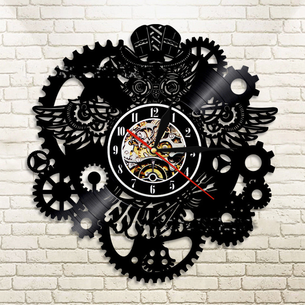 Vinyl Record Wall Clock LED Light Steampunk Owl Creative Retro Nostalgic Wall Clock Wall Clock PearlNestDecor.com