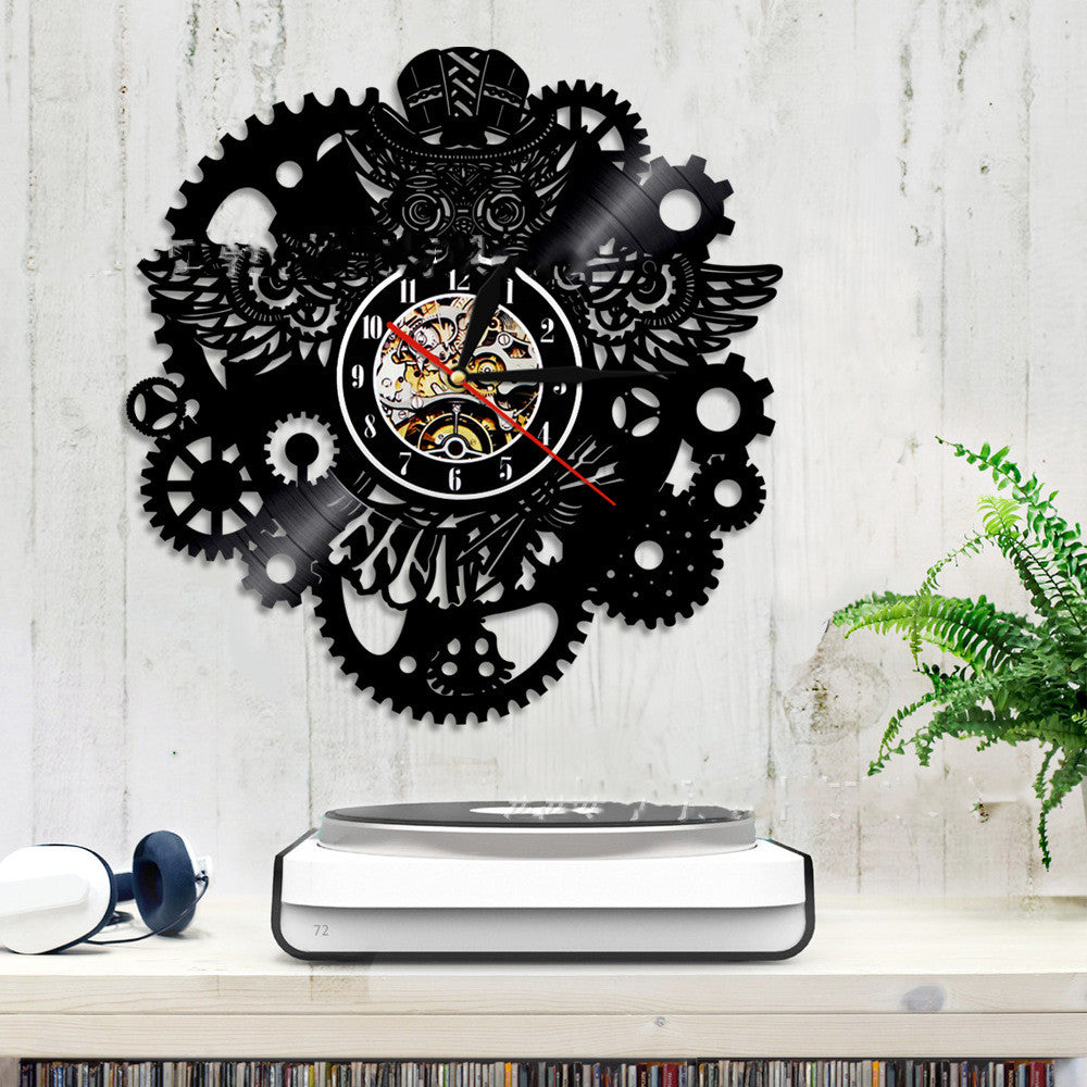 Vinyl Record Wall Clock LED Light Steampunk Owl Creative Retro Nostalgic Wall Clock Wall Clock PearlNestDecor.com