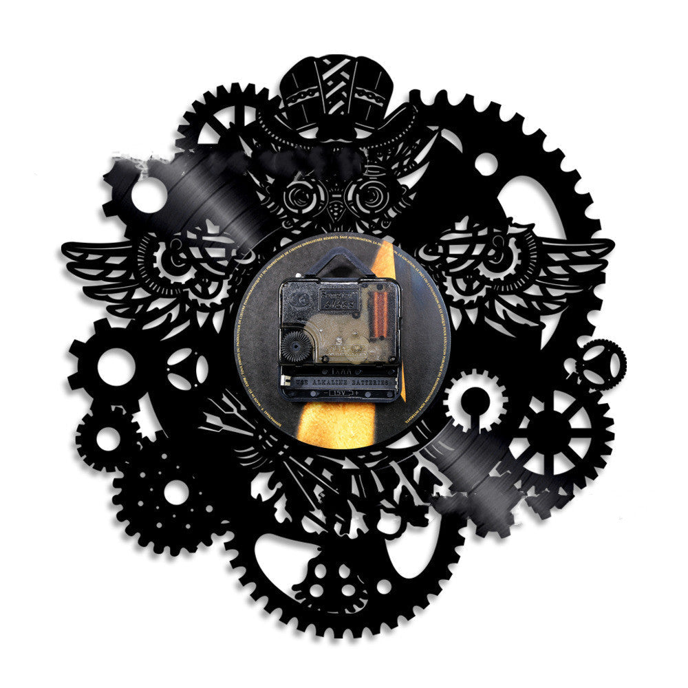 Vinyl Record Wall Clock LED Light Steampunk Owl Creative Retro Nostalgic Wall Clock Wall Clock PearlNestDecor.com