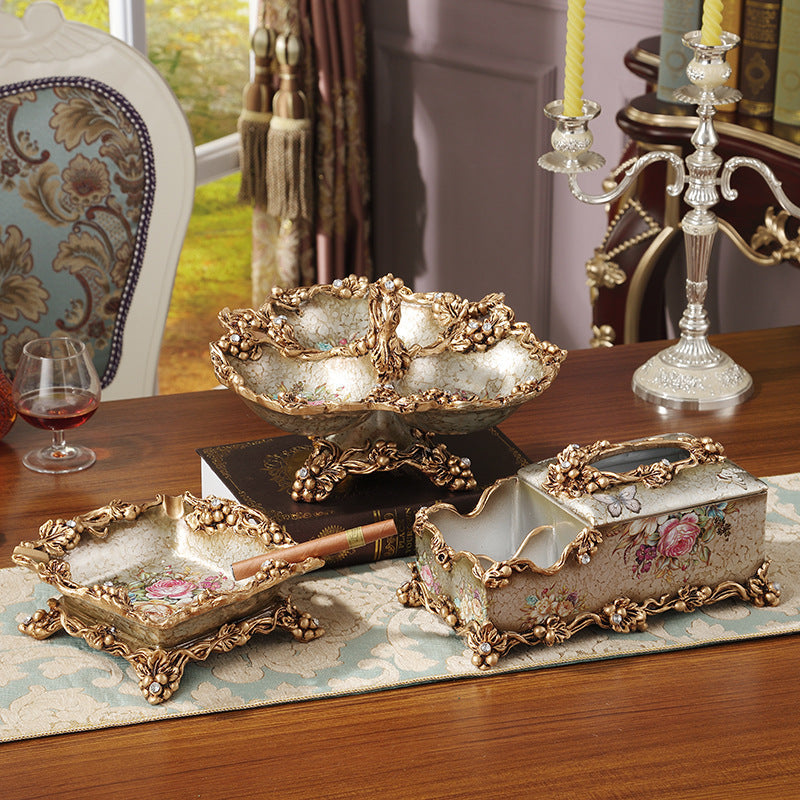 European-style Fruit Plate Three-piece Coffee Table Decoration Ashtray Tissue Box Set LadyShow.Store