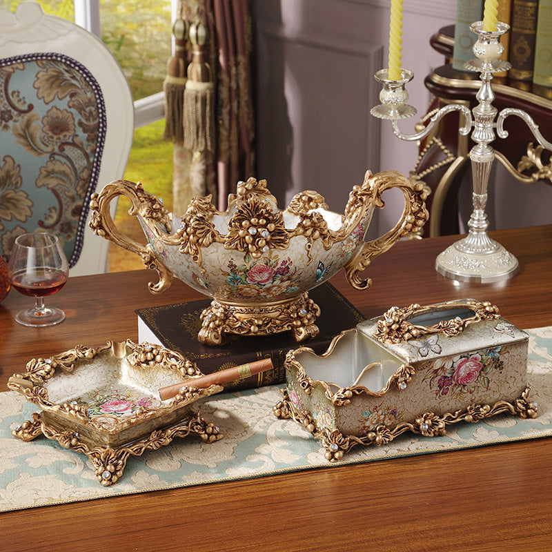 European-style Fruit Plate Three-piece Coffee Table Decoration Ashtray Tissue Box Set LadyShow.Store