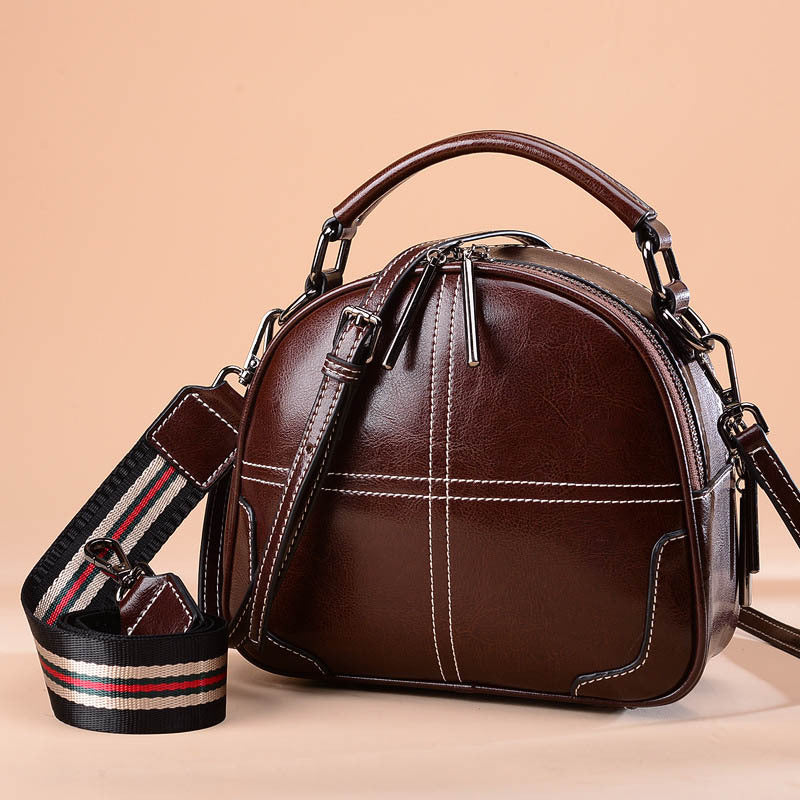 Classic Leather Handbag for Women - Round Two-Layer Cowhide Purse with Double Soft Handles (Wine Red/Black/Brown, 21x18.5x9cm) LadyShow.Store