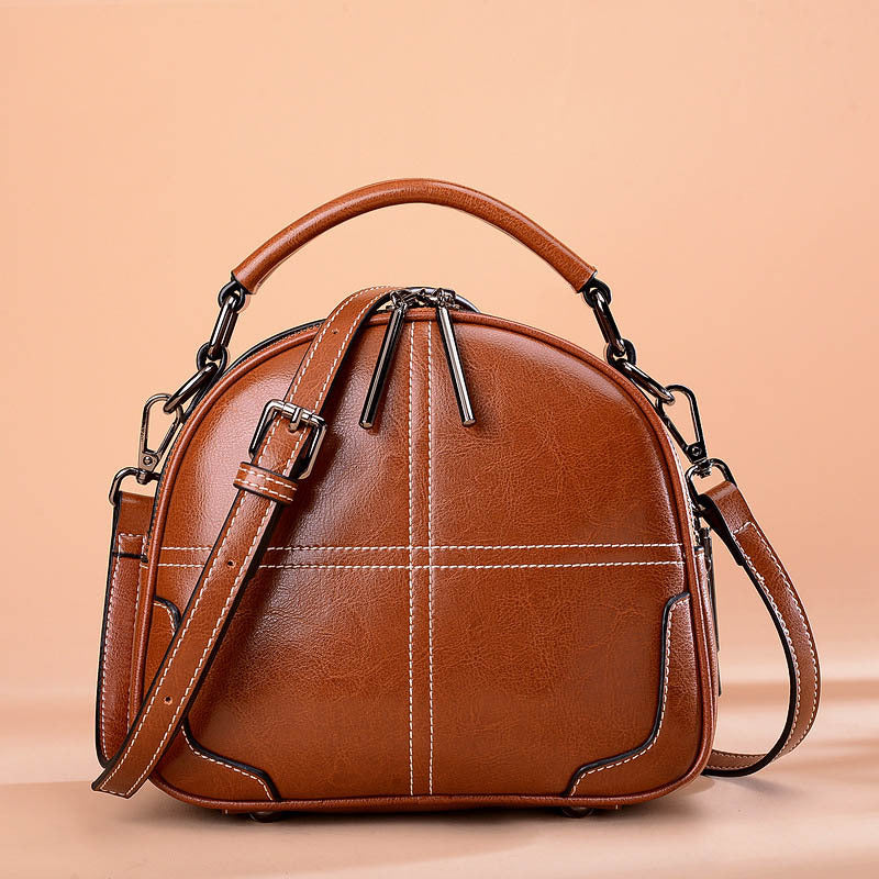 Classic Leather Handbag for Women - Round Two-Layer Cowhide Purse with Double Soft Handles (Wine Red/Black/Brown, 21x18.5x9cm) LadyShow.Store