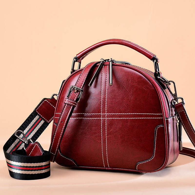 Classic Leather Handbag for Women - Round Two-Layer Cowhide Purse with Double Soft Handles (Wine Red/Black/Brown, 21x18.5x9cm) LadyShow.Store