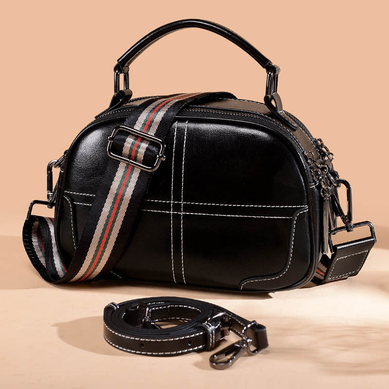 Classic Leather Handbag for Women - Round Two-Layer Cowhide Purse with Double Soft Handles (Wine Red/Black/Brown, 21x18.5x9cm) LadyShow.Store